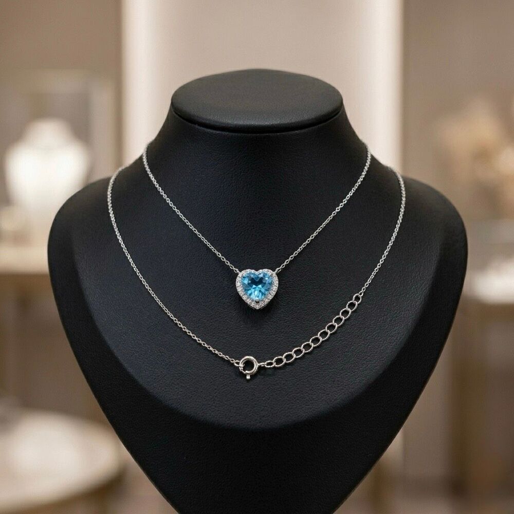 Stunning Sterling Silver Blue Topaz and Clear CZ Heart Halo Adjustable Necklace